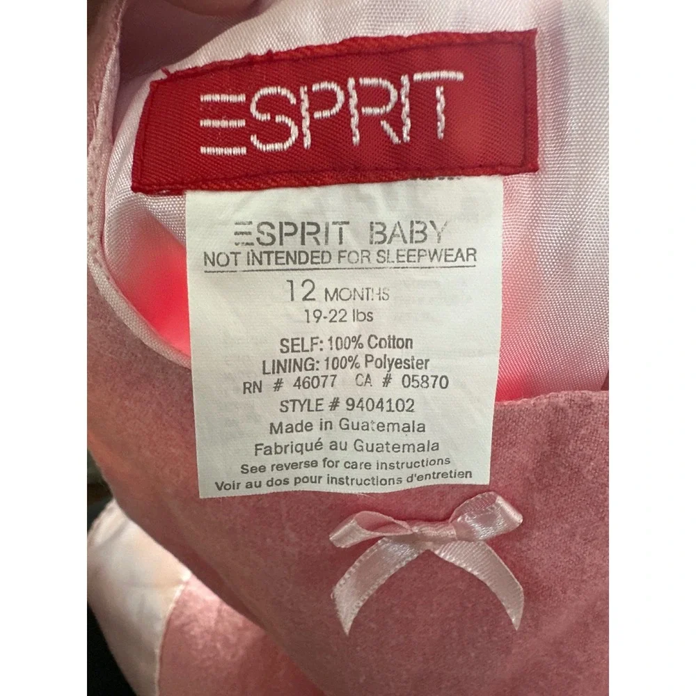 Vintage Esprit Baby Pink Velour Bow‎ Dress 12 Months Special Occasion